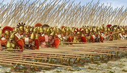 La falange macedonia o infantera pesada de los legendarios pezhetairoi -los compaeros a pie.  