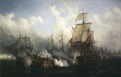 El Bucentaure atacando al Victory, defendido por el Temeraire